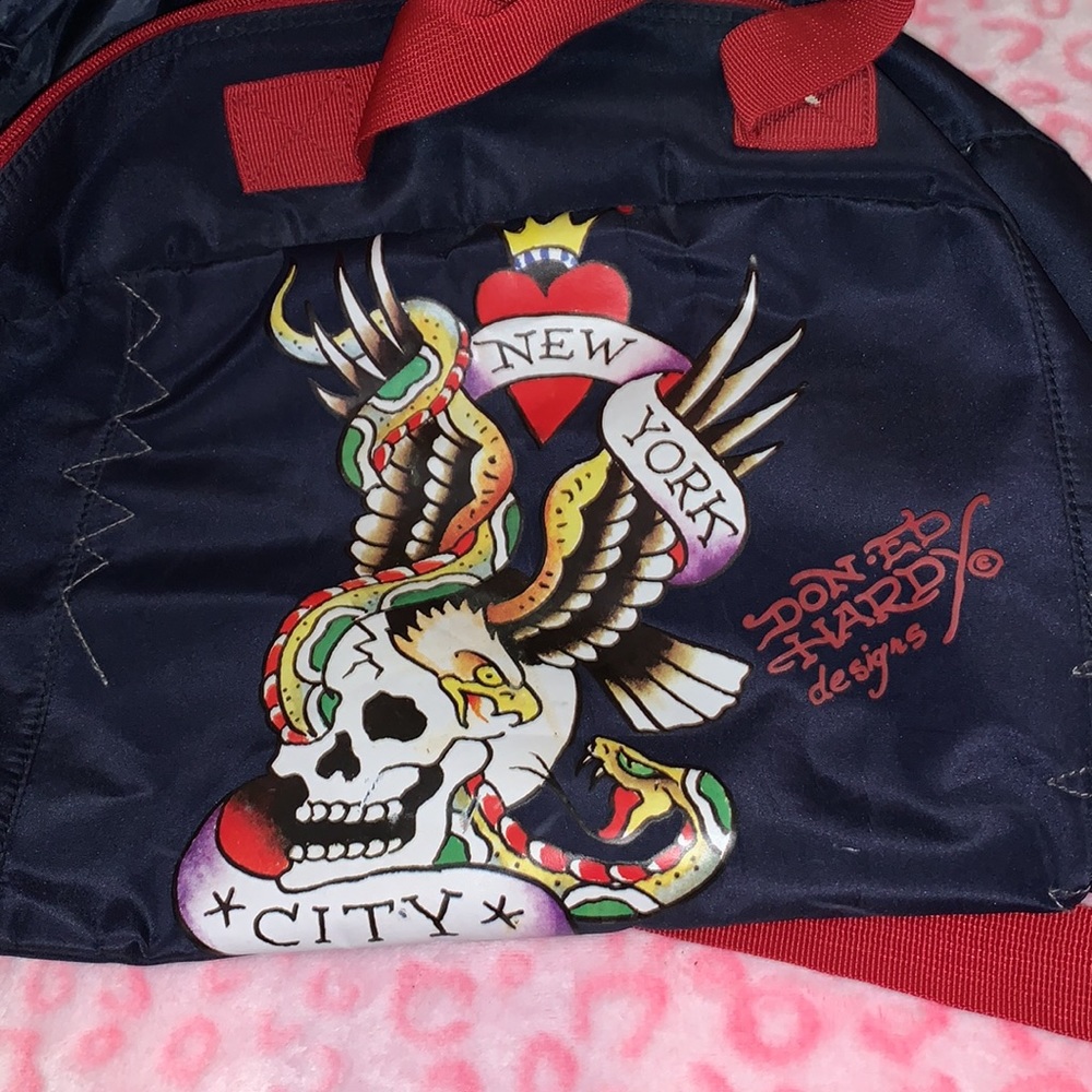 Don Ed Hardy New York City Heart Skull Duffel Carry-on Navy Gym Bag early 2000s